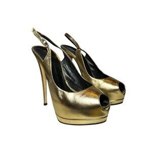 Giuseppe Zanotti Gold Metallic Leather Peep Toe Platform Heels Pumps Size 39.5